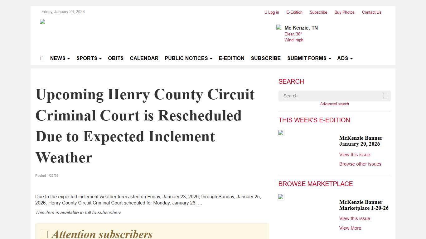 Upcoming Henry County Circuit Criminal Court is Rescheduled Due to Expected Inclement Weather The Mckenzie Banner