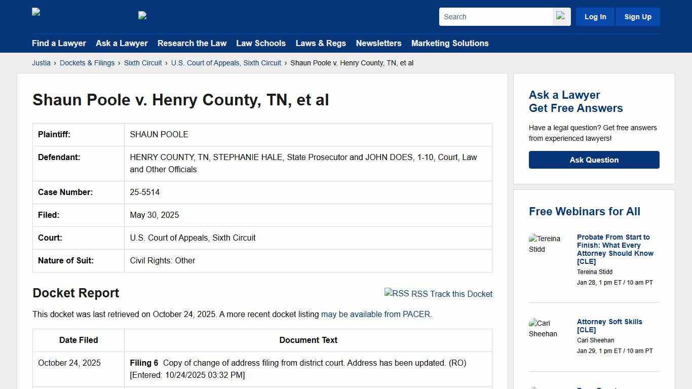 Shaun Poole v. Henry County, TN, et al 25-5514 U.S. Court of Appeals, Sixth Circuit Justia